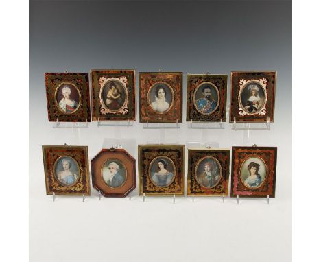 Petite sized portraits of important 17th and 18th century personalities,&nbsp;in tortoise style shell and brass inlay frames.