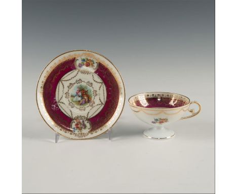 Motifs of flora, musician, woman, and children, with gilt decoration throughout both pieces. German porcelain teacup and sauc