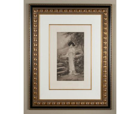 A large monochromatic print titled WAITING, by Edwardian portrait painter Sydney Percy Kendrick. Depicting a young lady weari