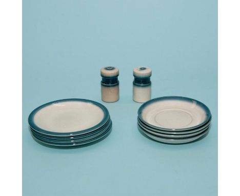 Set 10pc Wedgwood Blue Pacific Pattern. 4 appetizer plates (6"D), 4 saucers (5.5"D), Salt &amp; Pepper Shakers (3"H x 1.5"D) 