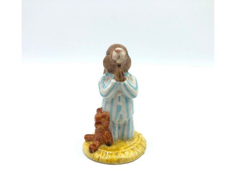 Bunny praying before bed time. Hand painted brown teddy bear, wearing light blue and white striped pajamas. Artist: Graham To