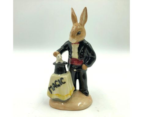 Bunny Magician with rabbit in hat. Hand painted black suit, yellow shirt, yellow table cloth with "Magic" inscribed and deep 