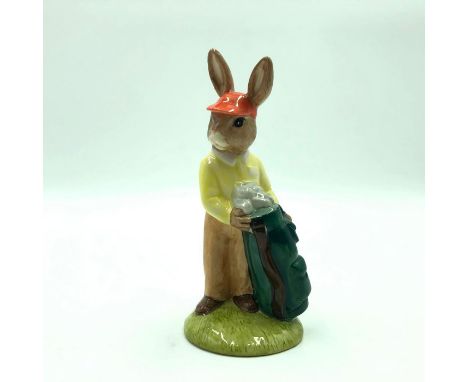 Bunny dressed as a golfing caddy. Hand painted in a yellow jumper and tan trousers. Artist: Shane Ridge Issued: 2002 Dimensio