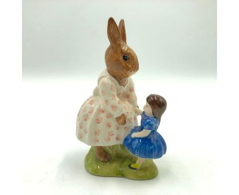 First Variation of a girl bunny playing with her doll. Based on a design by Walter Hayward. Hand painted white dress with pin