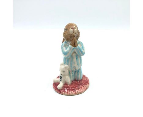 Bunny praying before bed time. Hand painted white teddy bear with initial "B", wearing light blue and white striped pajamas. 