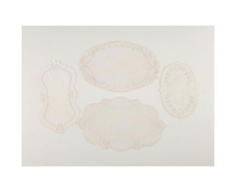 4 Vintage, Madeira styled, hand embroidered linen doilies with cut work and scallop embroidery. Largest in group is 11" L x 5