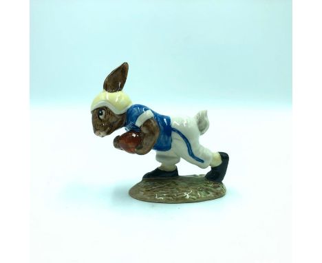 Touchdown Bunnykins First Variation. Blue and white hand painted football uniform with light yellow helmet and socks. Artist: