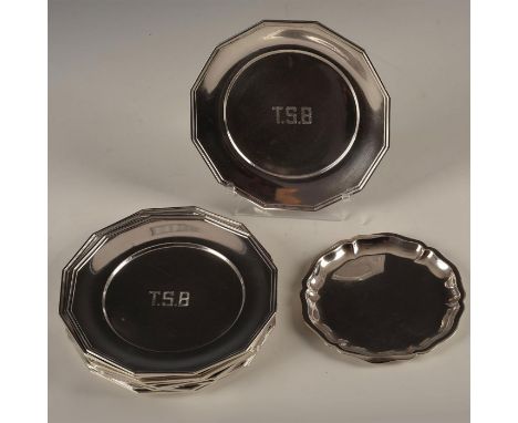 Monogrammed early 20th&nbsp;century American sterling, 118 grams each; 62.3 grams 800 silver small plate. Artist: R. Wallace 