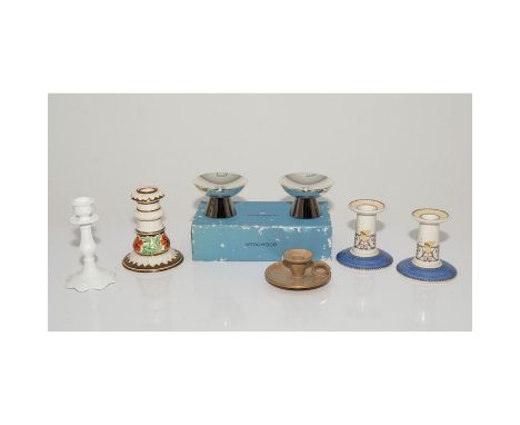 Wedgwood 7pc Group of Candleholders: pair of porcelain Sarah's Garden pattern candleholders (4"H x 4" D on the base), pair of