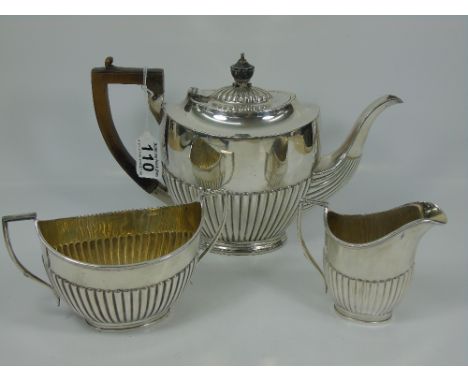 VICTORIAN SILVER 3 PIECE PLATED TEA SET, TEAPOT WITH FLUTED BODY & EBONIZED WOODEN HANDLE & FINIAL + MATCHING SUGAR BASIN & C