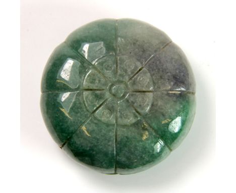 A fine Chinese carved mixed colour jade ink box, Dia. 5.5cm.