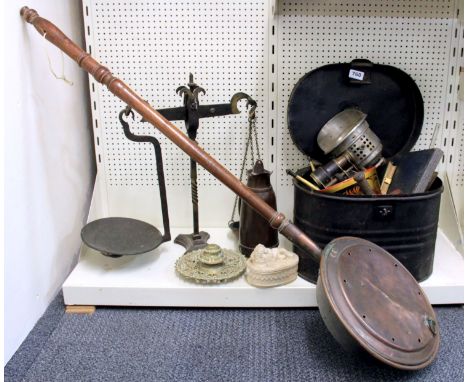 A tin hat box and contents, balance scale, copper warming pan, etc.