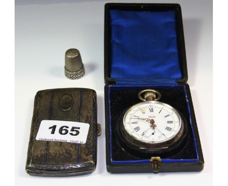 An 800 silver cased pocket watch, a white metal cigarette case and a further silver thimble.