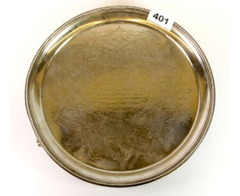 A hallmarked silver salver with presentation engraving for 1894, Dia. 26cm, Weight 565g.