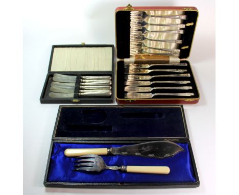 A cased set of silver handled knives and a two cases of silver plated cutlery.