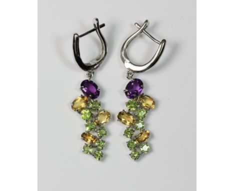 A pair of matching 925 silver drop earrings set with peridot, amethysts and citrines.