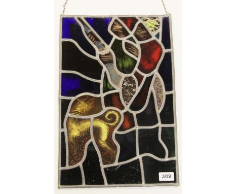 A leaded stained glass panel depicting a hunting party, 47 x 31cm.