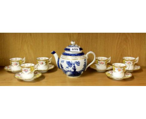 A Booths "Old willow" teapot (minor chip to spout) and a set of six Coalport coffee cans and saucers.