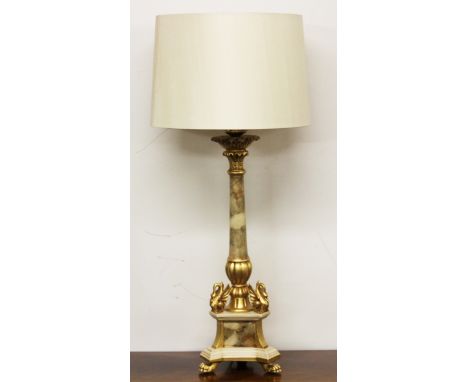 A contemporary gilt column and faux marble table lamp, H. 87cm (with shade).