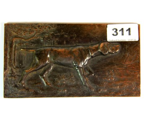 A small cast iron copper plated relief panel depicting a gun dog, 16cm x 9cm.