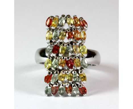 A large 925 silver ring set with multi-colour sapphires (P).