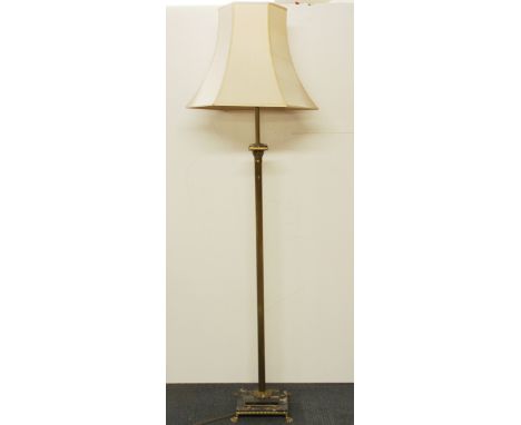 A 1940's brass and black marble column standard lamp, H. 180cm (including shade).