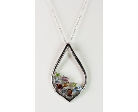 A large 925 silver pendant and chain set with semi-precious stones.