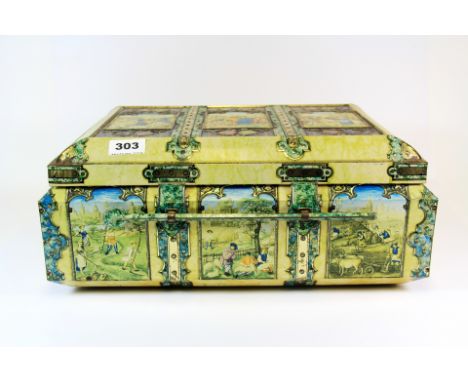 A large vintage decorated trunk style tin, 42cm x 30cm x 18cm.