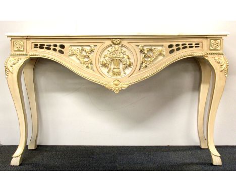 A marble topped contemporary gilt decorated console table, W. 131cm, H. 80cm.