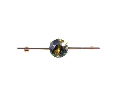 A banded sapphire bar brooch and similar pair of earrings, the 55mm long yellow metal bar brooch having a 12.2mm x 8mm deep, 