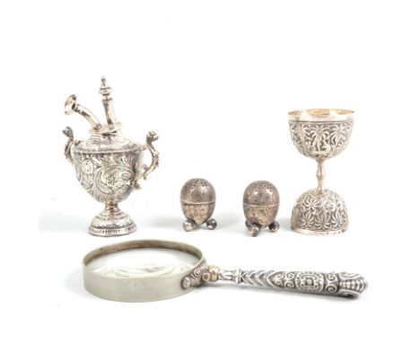 A tray of silver collectibles, a Victorian fiddle pattern fish slice hallmarked London 1845, three mother-of-pearl fruit kniv