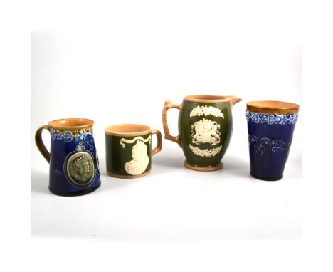 Doulton Lambeth commemorative stoneware mug and beaker, dating 1897, along with Copeland Spode stoneware jug and mug also dat