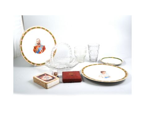 Small selection of Royal Commemorative wares, including glass beaker, tray, playing cards, medal etc.