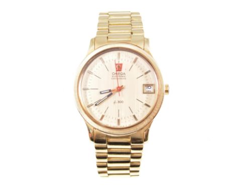 Omega - A gentlemans 18 carat yellow gold Omega f300 electronic chronometer bracelet watch, the circular champagne baton dial