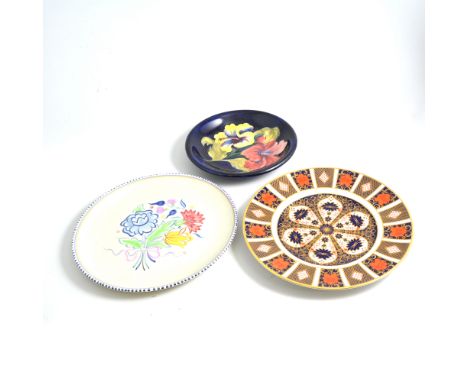 Moorcroft Hibiscus plate, Poole plate and Royal Crown Derby Imari pattern plate, (3).