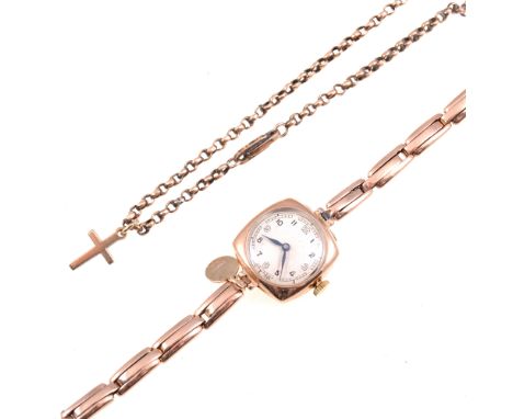 A yellow metal belcher link chain 50cm long with a small cross attached, a ladies 9 carat yellow gold vintage wrist watch wit