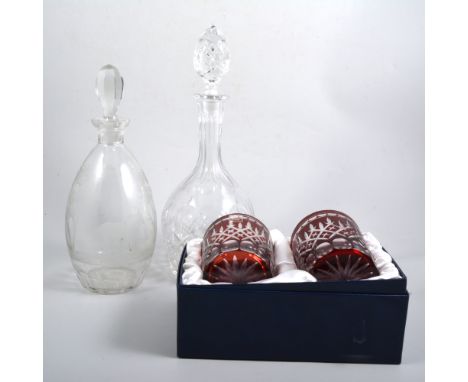 Rowland Ward Big Game series, acid etched decanter, three other cut glass decanters and ruby glassware, (2 boxes) 