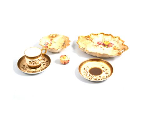 Royal Worcester leaf shaped dish, similar shell shaped dish, small pot and cover and Worcester coffee can and two saucers.