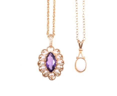 A 9 carat yellow gold pendant set with a marquise shaped amethyst surrounded by cultured pearls on a 45cm long chain, gross w