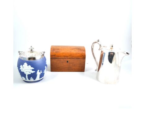 A tray of silver-plated ware, teasets, bread basket etc, Wedgwood blue and white jasper ware biscuit barrel etc, a domed top 