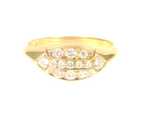 A diamond boat shape cluster ring, thirteen brilliant cut diamonds, pave and pip claw set in an all yellow metal mount with 2