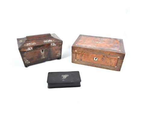 Victorian rosewood tea caddy, sarcophagus shape, mother-of-pearl inlay, bun feet, 23cm (af); a similar workbox, and a papier 