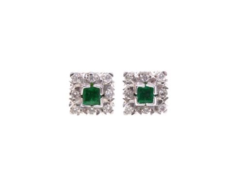 A pair of emerald and diamond square cluster earstuds, the 2mm square emeralds corner claw set and surrounded by eight brilli