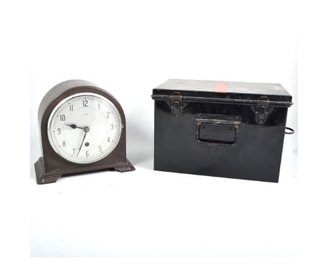 Enfield Bakelite cased mantel clock, brass oil lamp, Art Deco lampshade, vintage tin medicine box, and Gammon & Morgan measur