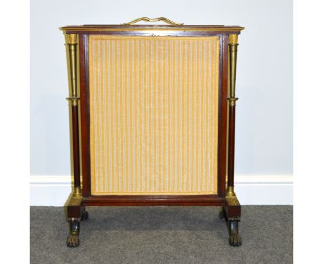 Empire style mahogany framed firescreen inset with a fabric panel, free standing turned and brass columns to each side suppor