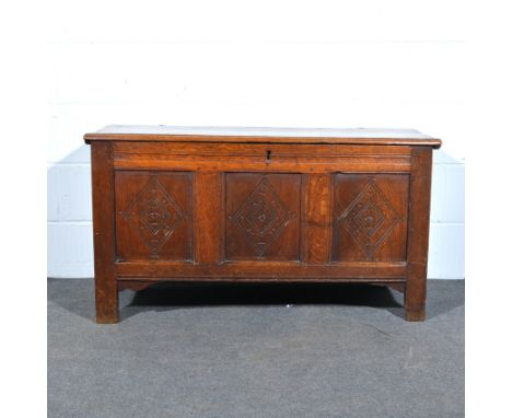 Joined oak coffer, 18th Century rectangular boarded hinged lid, front with three panel, carved with lozenges, width 113cm, de