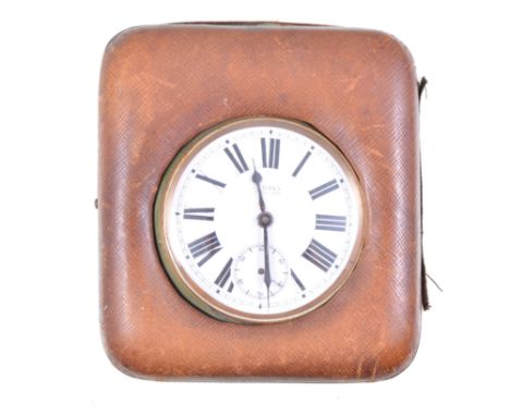 Silver-plated Goliath pocket watch, enamel dial with Roman numerals, subsidiary seconds dial, diameter 7cm (a.f), in a Morocc