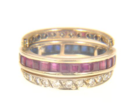 A sapphire, ruby and diamond ''Night & Day'' full eternity ring, in yellow metal, double hinged, line edge set, ring size K. 