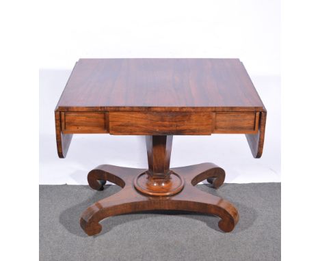 Victorian rosewood sofa table, rectangular top with rounded corners, two short end leaves, frieze drawer, tapering hexagonal 