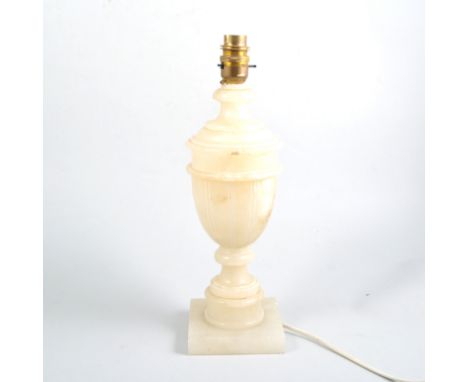 White alabaster table lamp, urn form on square base, 34cm including fittings